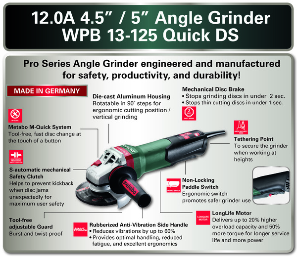 PTM-G600437420 4.5" / 5" Angle Grinder - 11,000 RPM - 12.0 Amps - w/ Non-Locking Paddle, Brake, Tether Point